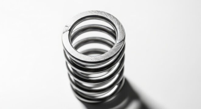 Industrial helical steel coil spring standing vertically showing brushed metallic texture and dramatic shadows on a clean white background surface