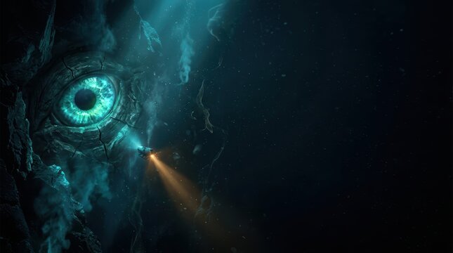 Deep Sea Horror Background with Colossal Bioluminescent Eye and Tiny Submersible in Abyssal Trench with Large Copy Space