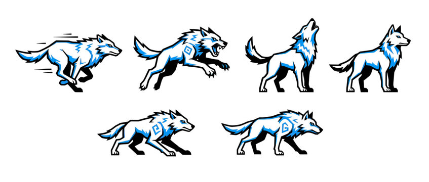 Set of stylized wolf illustrations in various poses