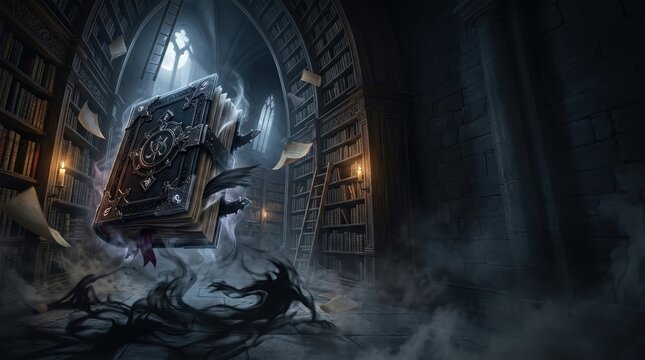 Surreal Gothic Library Banner featuring a Floating Obsidian Grimoire and Dark Smoke Shadows for Advertising Copy Space