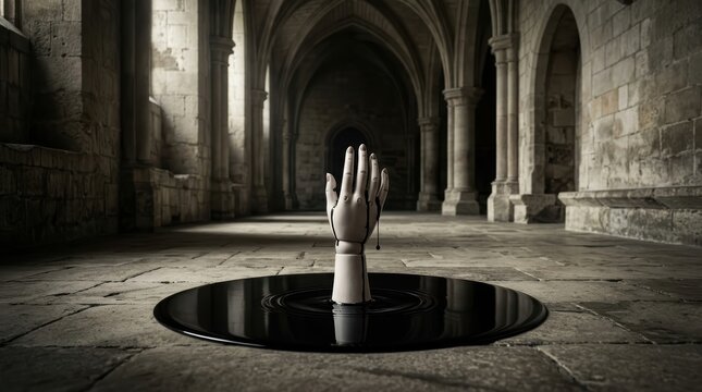 Surreal porcelain doll hand emerging from black ink pool in ancient limestone hall
