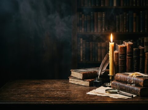 Mysterious Dark Academia library with antique leather books, glowing beeswax candle, and inkwell on a rustic wooden desk with extensive copy space.