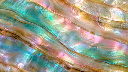 Obraz premium Iridescent mother of pearl texture, shimmering abalone shell macro background, pearlescent nacre surface with rainbow colors and organic waves