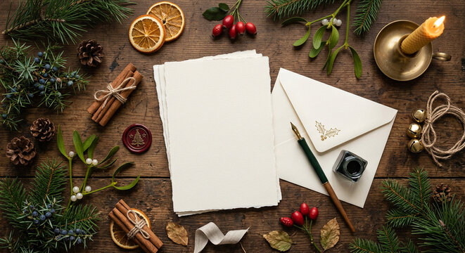 Rustic Christmas Stationery Flat Lay with Blank Paper Envelope Evergreen and Candle