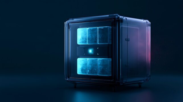 Autonomous AI security agent safeguarding an immutable backup vault, three translucent blue storage blocks inside a sealed optical glass enclosure