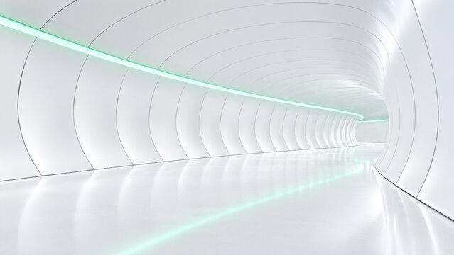 Futuristic white tunnel with neon light strips, modern sci-fi corridor interior, minimalist high-tech laboratory hallway for science fiction background