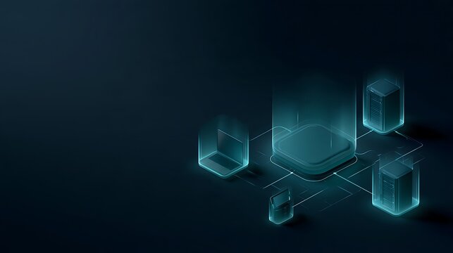 Autonomous AI security core protecting a small network of unbranded laptop tablet and server devices, each device enclosed in a subtle transparent cyan shield,