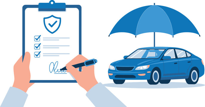Car insurance policy checklist with protected vehicle illustration, auto coverage concept for insurance documents, policy review, road safety, protection and claims