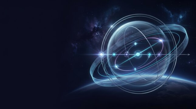 Futuristic cosmic orrery visualizing orbital logistics and mission timelines in deep space, featuring wide negative copy space for commercial hero banner.