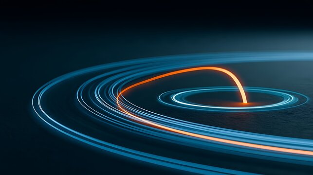 Intelligent cybersecurity agent analyzing network behavior, elegant parallel blue light paths flowing smoothly across a dark surface,
