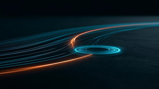 Intelligent cybersecurity agent analyzing network behavior, elegant parallel blue light paths flowing smoothly across a dark surface,