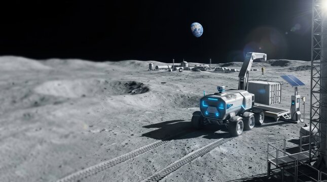 Futuristic lunar economy banner featuring an autonomous cargo rover and moon base.