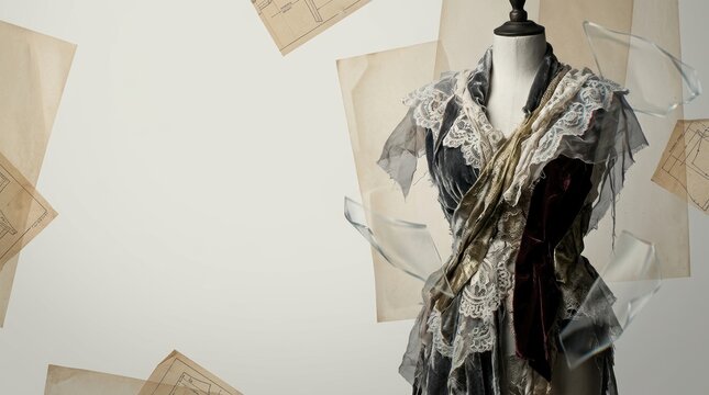 Sustainable avant-garde Halloween fashion banner with upcycled Victorian mannequin and large copy space.
