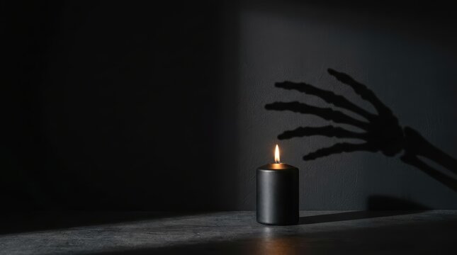 Minimalist black candle with spooky skeleton hand shadow reaching for flame, Halloween concept background with intentional copy space.