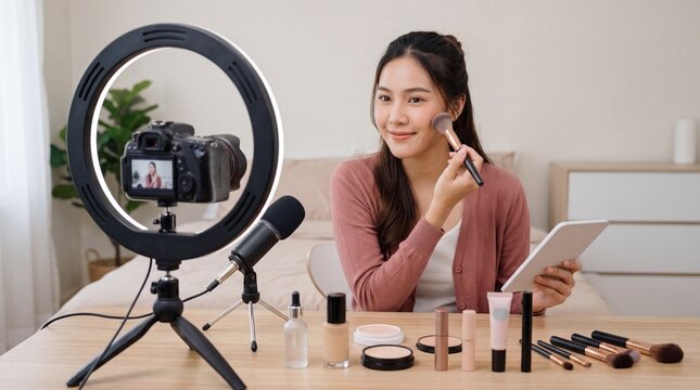 Young beauty content creator recording makeup tutorial in home studio