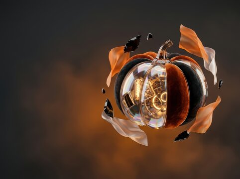 Surreal 3D Halloween Pumpkin with Glass and Velvet Textures, Levitating Clockwork Gourd with Floating Silk and Copy Space