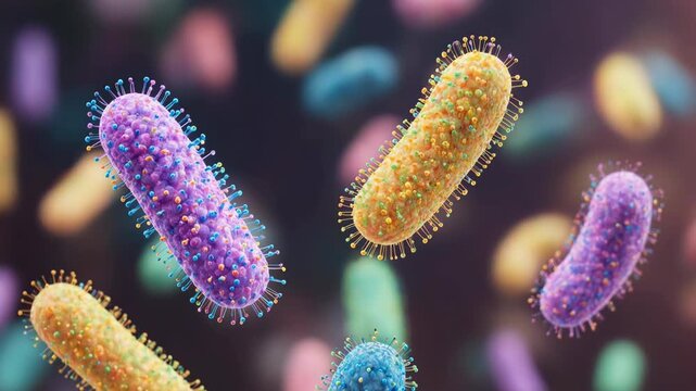 Cute 3D cartoon germs floating slowly in air, soft depth of field, bright pastel background