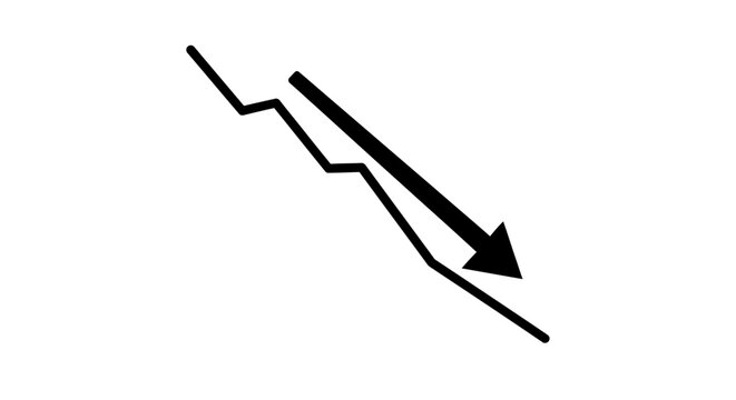 Minimalist black and white vector icon of a downward trending graph chart with a bold recession arrow, isolated on a white background.
