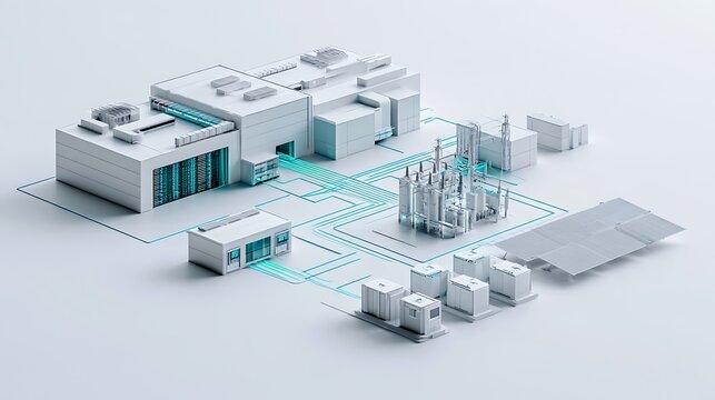 Minimal isometric architectural visualization of an AI data center connected to a compact electrical substation
