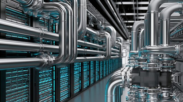Photorealistic AI data center liquid cooling infrastructure, close view of engineered stainless steel coolant pipes and distribution manifolds beside high density server racks