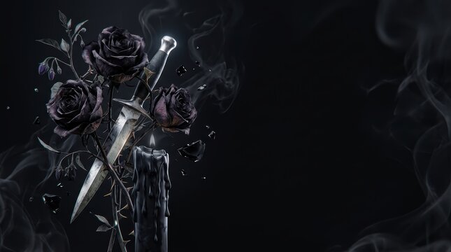 Dark botanical ritual still life featuring black roses silver dagger and obsidian candle on moody background with copy space