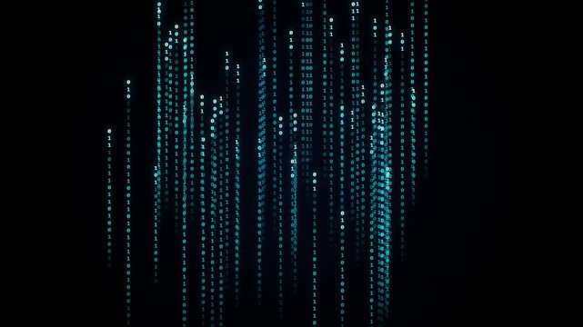 Digital matrix data stream with falling blue binary code. Abstract technology background featuring glowing vertical lines of information. Cyber security and big data processing concept.