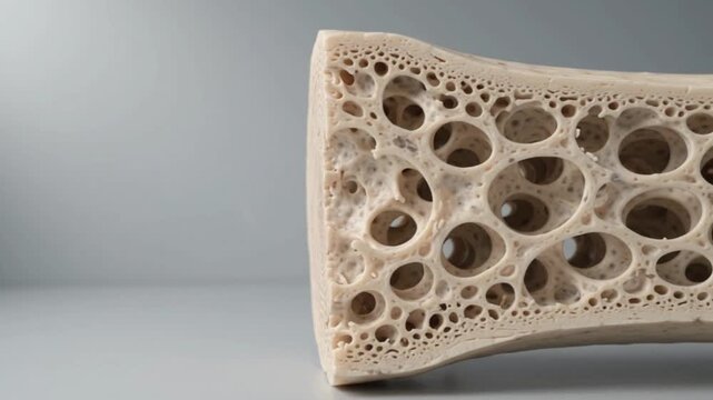 Close-up view of a cross-section of a human bone showing the porous, honeycomb-like structure indicative of osteoporosis or healthy cancellous bone.