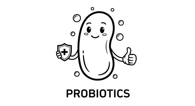 Cute and friendly black and white vector illustration of a probiotic bacterium character holding a shield and giving a thumbs up, labeled "PROBIOTICS".