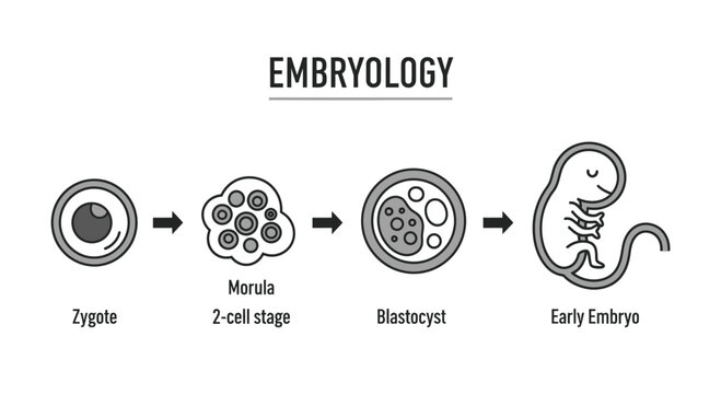 Medical vector illustration of embryology stages showing zygote, morula, blastocyst, and early embryo with labels in a clean black and white style.