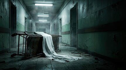 Obraz premium Eerie Abandoned Hospital Hallway with Rusty Gurney and Negative Space
