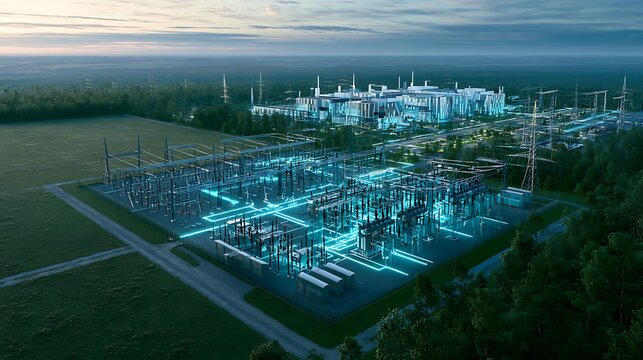 Photorealistic aerial oblique view of a high voltage electrical substation supplying a vast AI data center campus