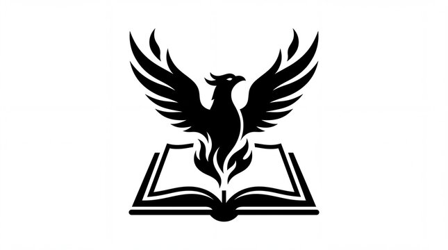 Black phoenix bird rising from an open book silhouette icon
