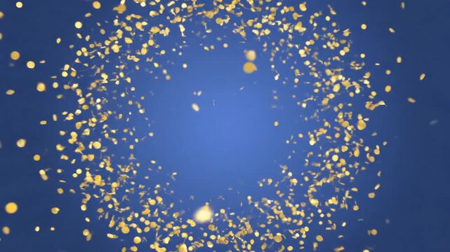 A circular frame made of shiny gold particles on blue background
