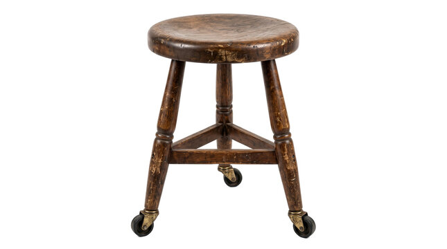 A weathered antique round wooden stool features worn grain texture throughout its frame and rests upon three heavy duty iron caster wheels to facilitate easy movement across rustic floor