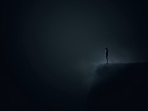 Minimalist human silhouette on cliff edge facing dark infinite void; conceptual metaphor for existential dread and isolation with large copy space.