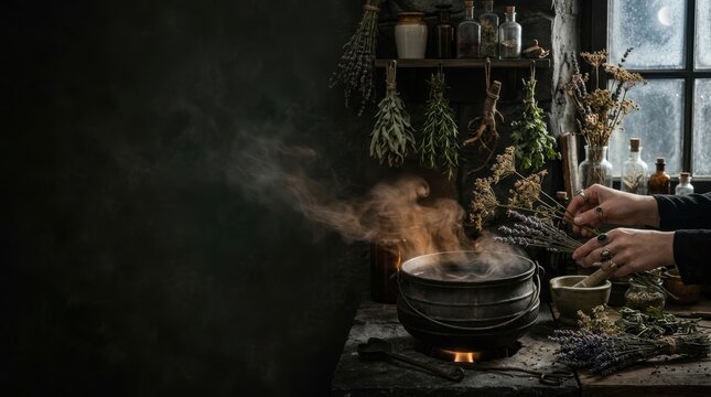 Mysterious Halloween Kitchen Witch banner featuring hands brewing herbal potion in a steaming cauldron, dark botanical alchemy aesthetic with large copy space