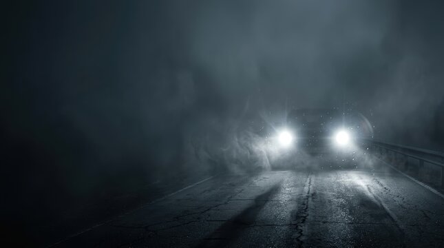 Cinematic horror banner featuring car headlights in dense fog on a dark highway road with ample copy space for advertising
