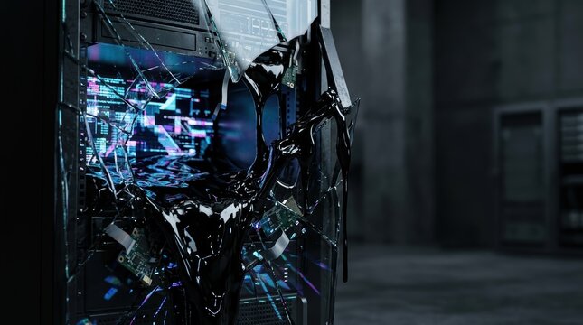 Cyber horror black liquid leaking from shattered server rack