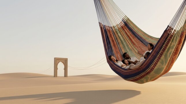 Surreal conceptual banner featuring diverse people resting in a giant floating traditional textile hammock over a minimalist desert landscape with copy space.