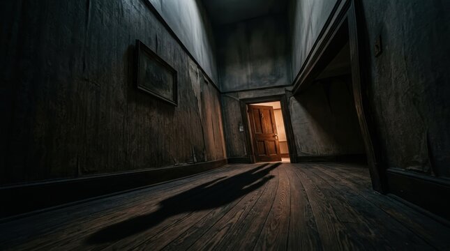 Surreal distorted hallway with elongated shadow reaching toward half open door in cinematic horror style