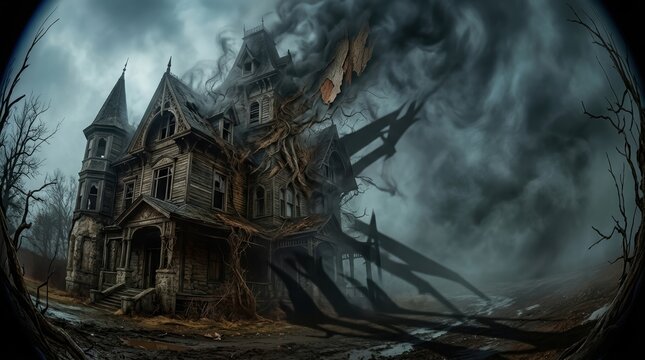 Surreal fish-eye perspective of a Victorian haunted house dissolving into mist with sharp horror shadows.