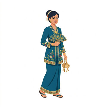 Malay Woman in Traditional Baju Kurung Holding Ketupat and Hand Fan