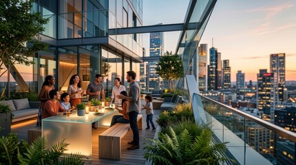 Obraz premium Modern urban rooftop garden with diverse residents socializing at sunset against a city skyline hero banner