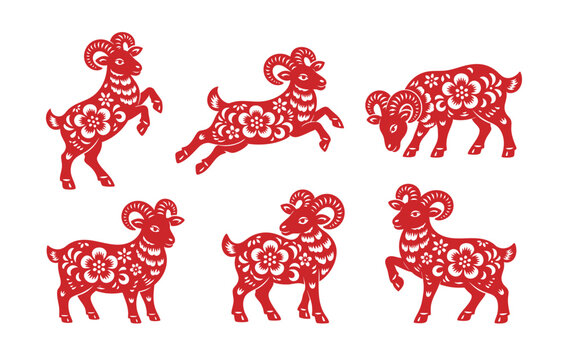 2027 Chinese Zodiac Goat Paper Cut Elements Set with Floral Patterns