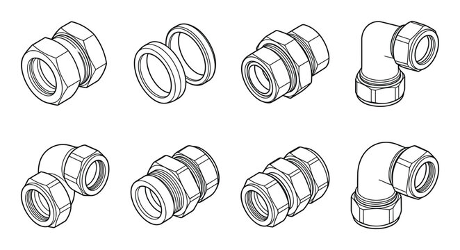 Isometric plumbing pipe fittings outline icons for water and gas systems.