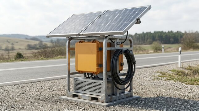 Compact photovoltaic charging unit with a yellow enclosure stands installed by the edge of an empty country highway.