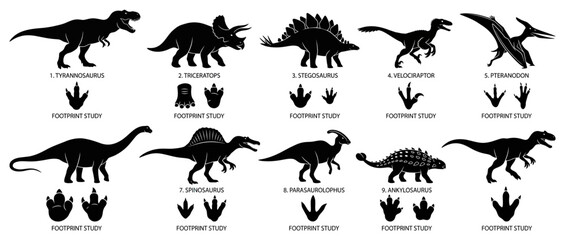 Collection of Dinosaur Silhouettes and Footprints Isolated © fero