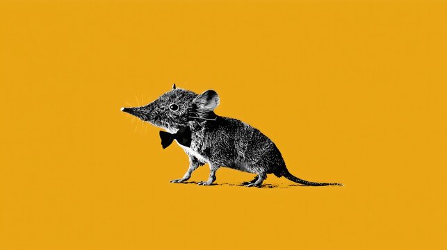 Cute shrew wearing a bowtie on a yellow background, side view and stylish