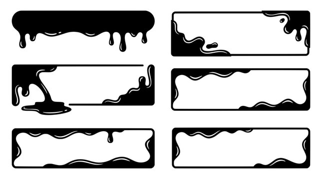 Set of dripping liquid frames with melting drip, splash and pour accent for social media stream banner