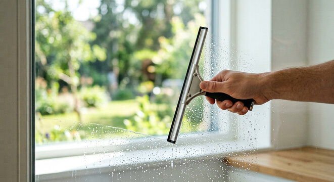 Hand Cleaning a Glass Window with a Squeegee and Water Spray